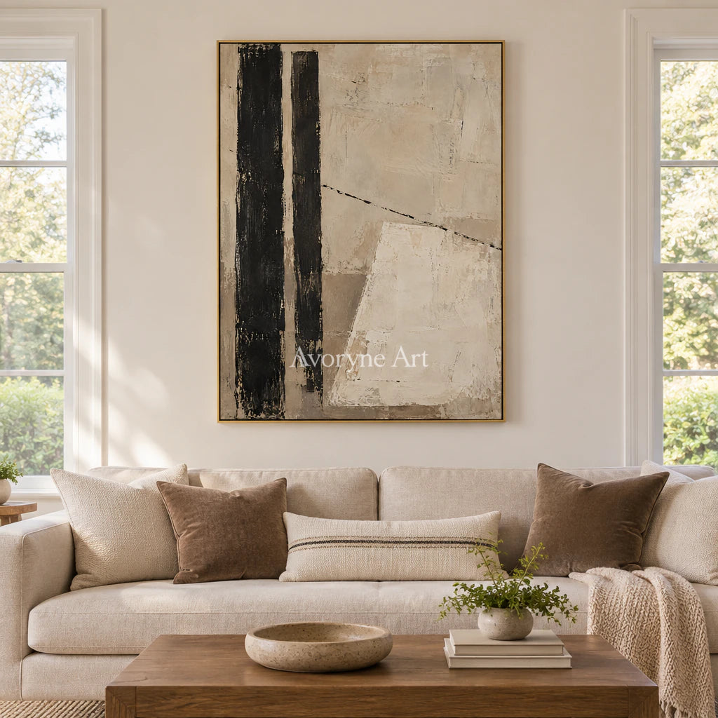 Quiet Alignment: Textured Beige Black Abstract Wall Art — living gold