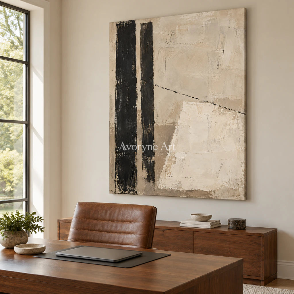 Quiet Alignment: Textured Beige Black Abstract Wall Art — office frameless