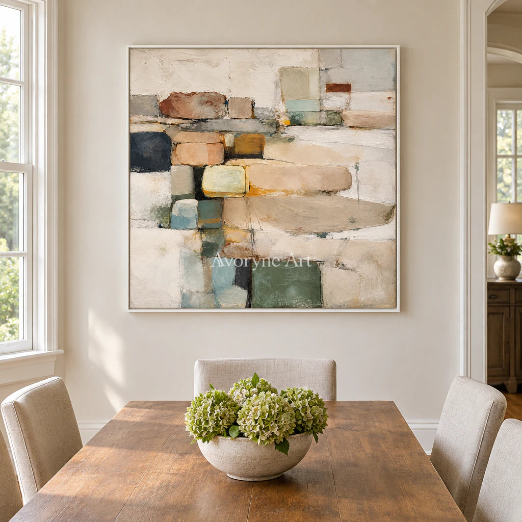 Quiet Stacks: Textured Beige Block Abstract Wall Art — dining white