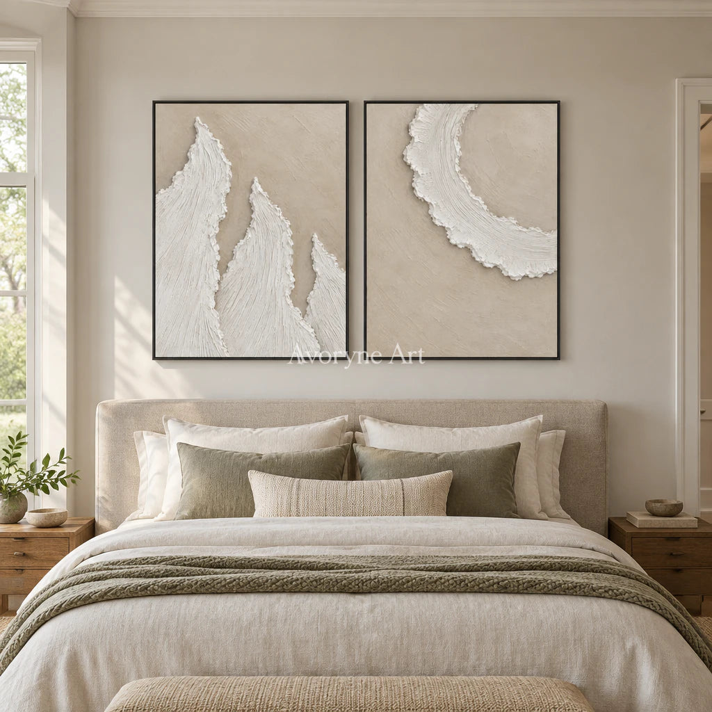 Foamward Duet: Textured Beige Coastal Diptych Wall Art — bedroom black