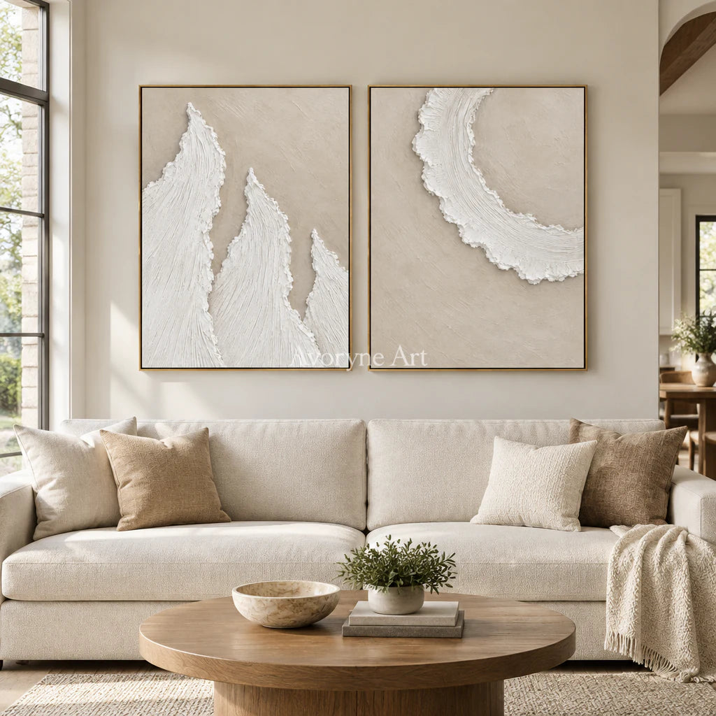 Foamward Duet: Textured Beige Coastal Diptych Wall Art — living gold