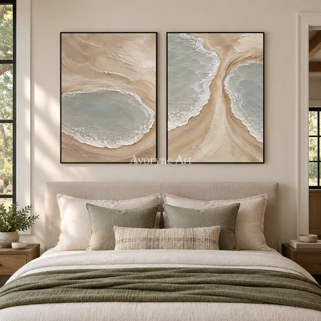 Lagoon Pairing: Textured Beige Coastal Diptych Wall Art — bedroom black