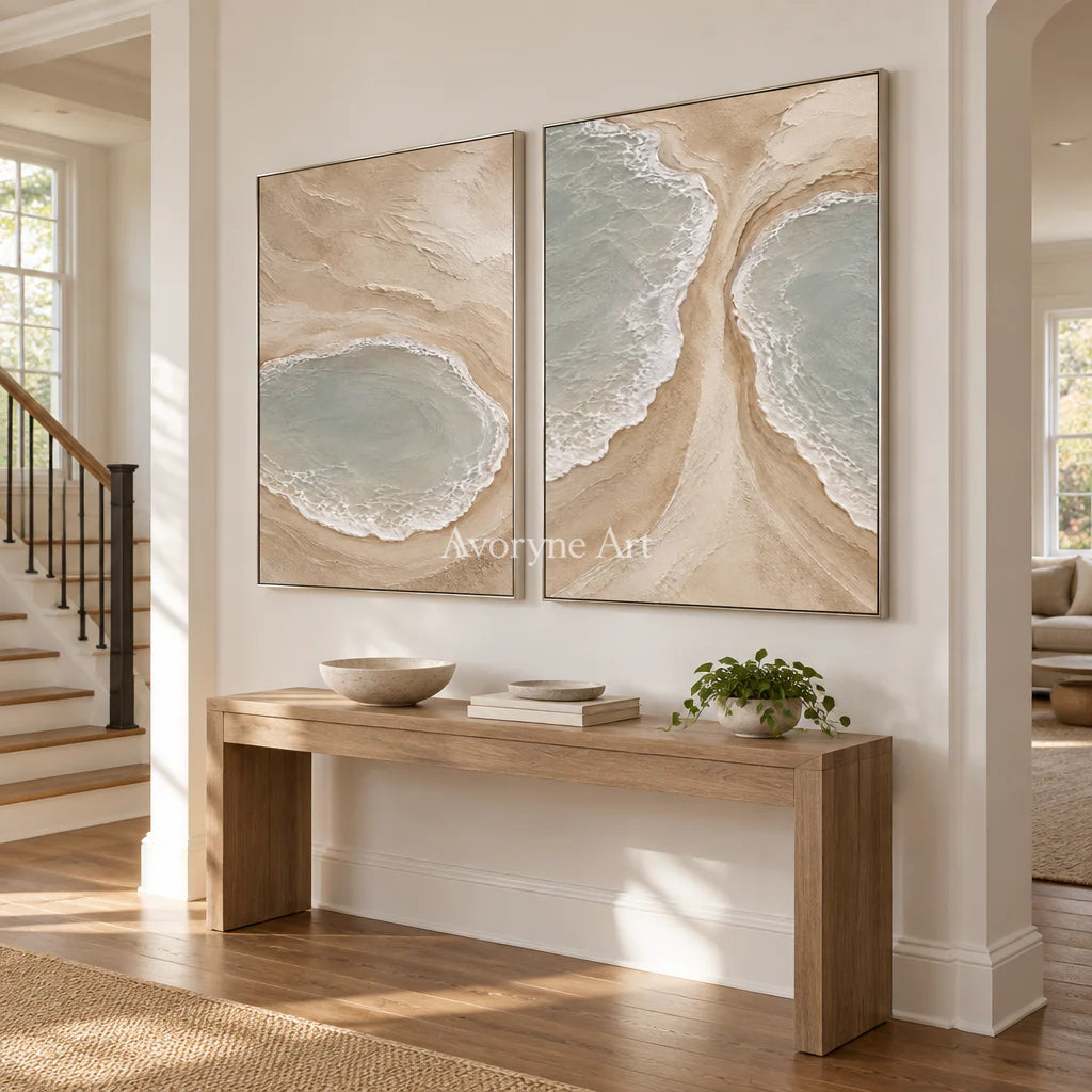Lagoon Pairing: Textured Beige Coastal Diptych Wall Art — entry silver