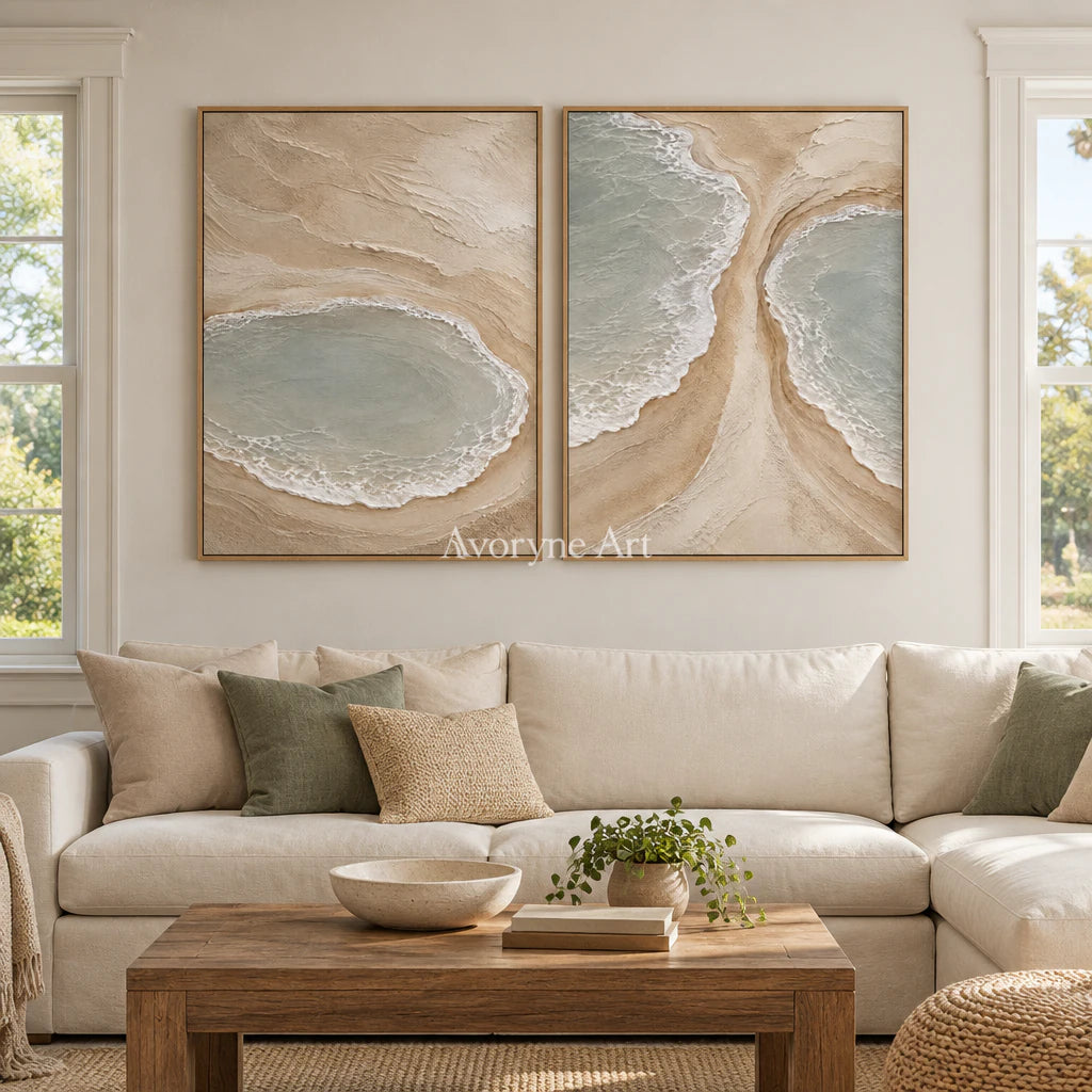 Lagoon Pairing: Textured Beige Coastal Diptych Wall Art — villa wood