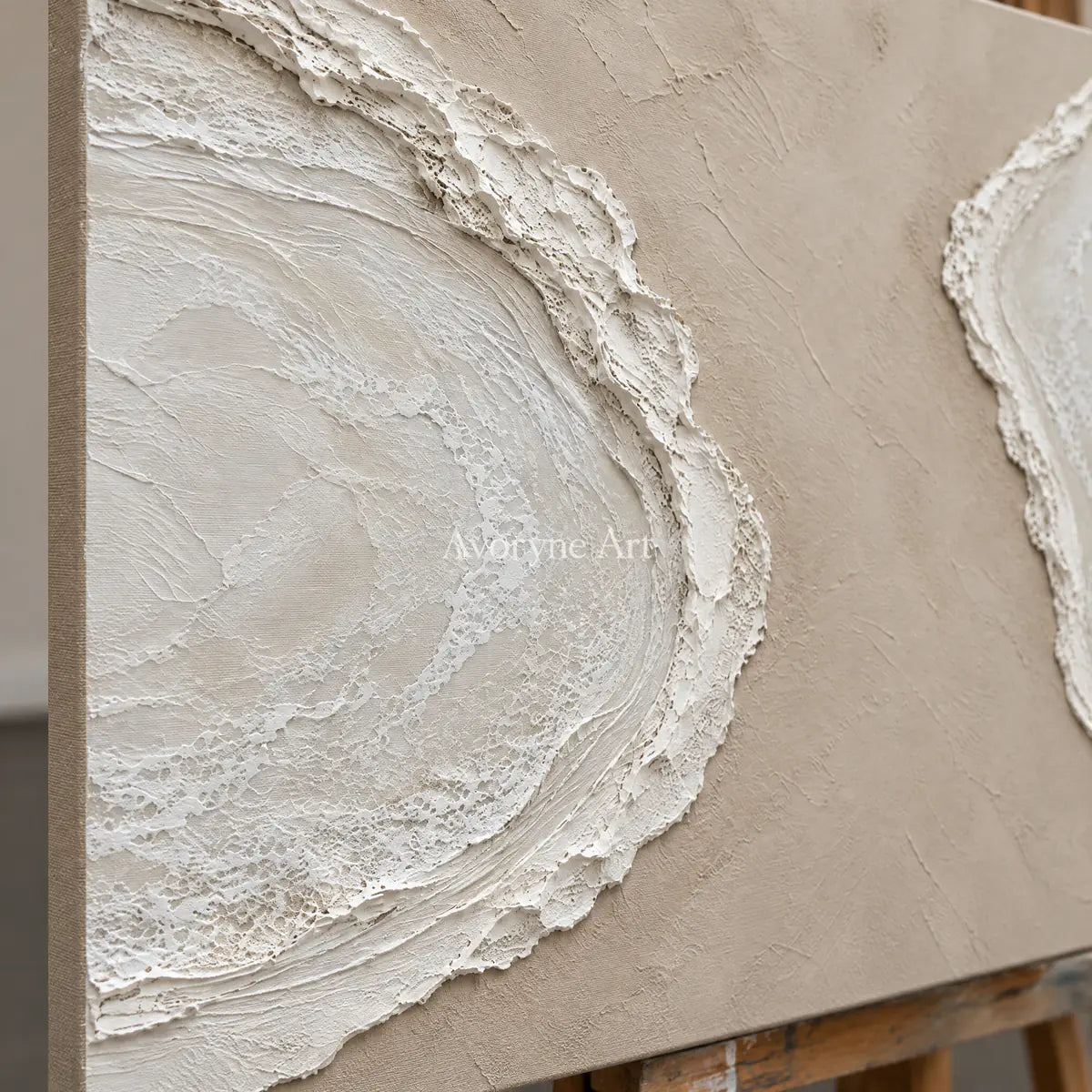 Tidal Pause: Textured Beige Coastal Relief Wall Art — detail easel