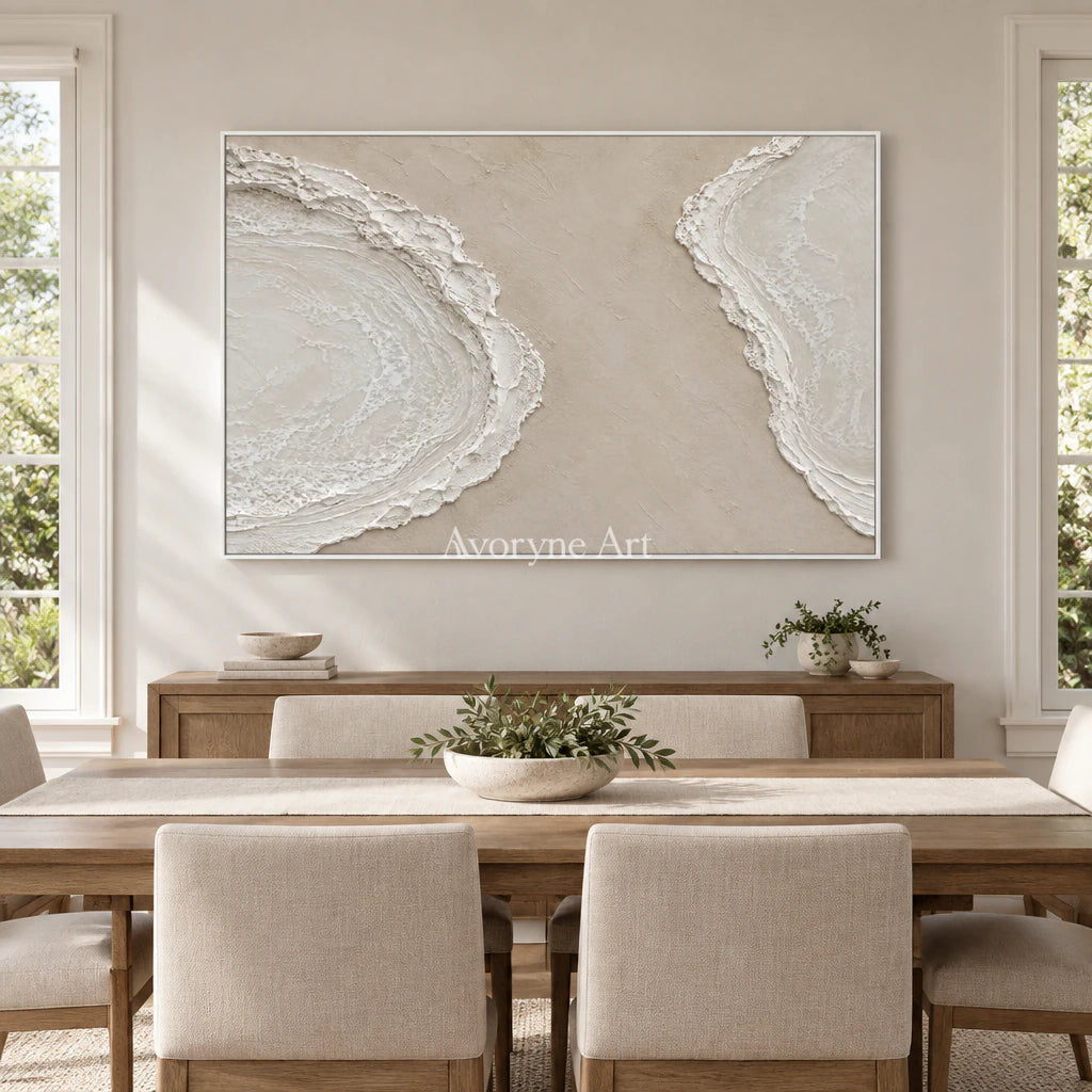 Tidal Pause: Textured Beige Coastal Relief Wall Art — dining white