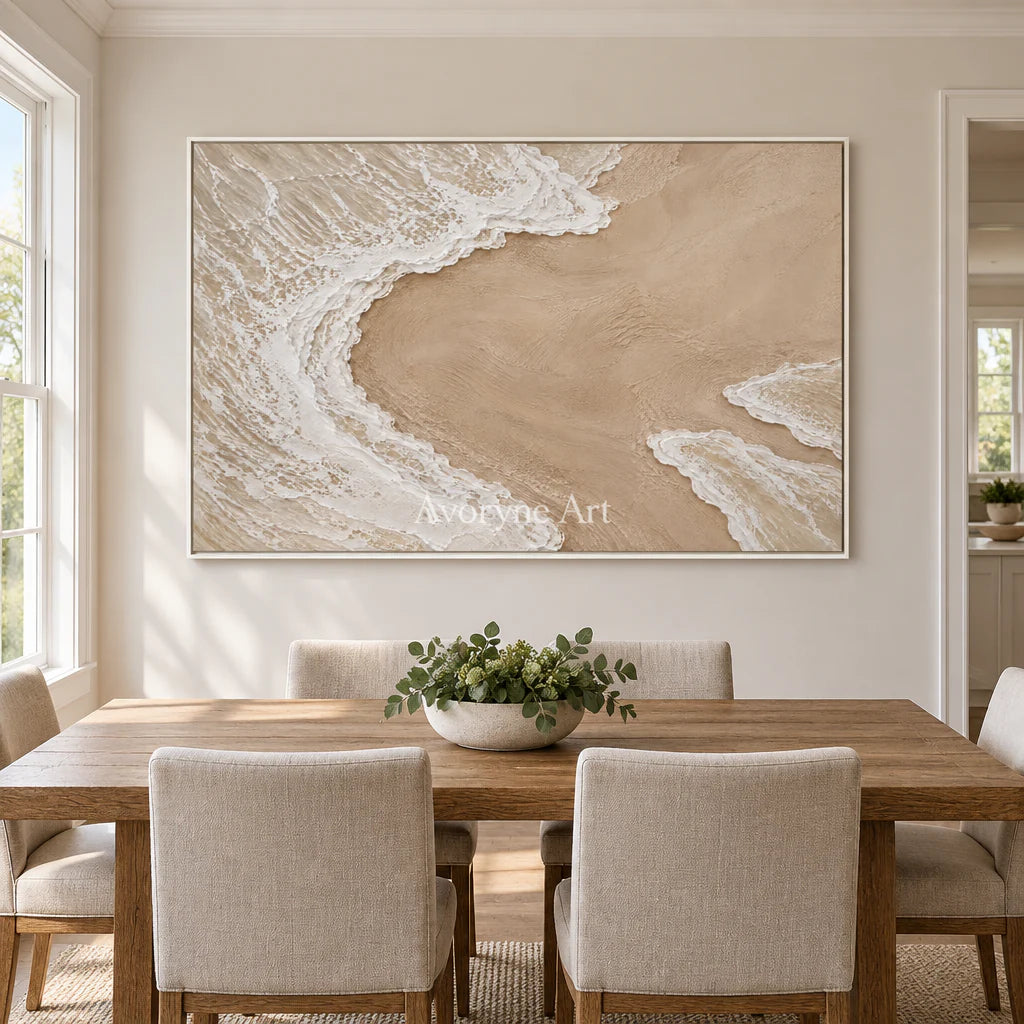 Shoreward Curve: Textured Beige Coastal Relief Wall Art — dining white