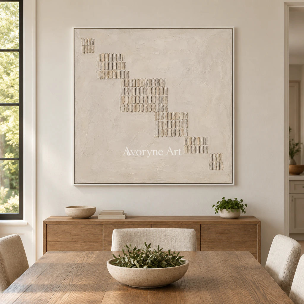 Descending Order: Textured Beige Grid Abstract Wall Art — dining white