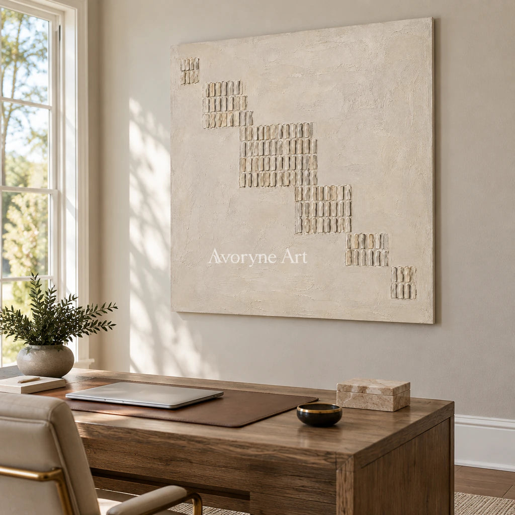 Descending Order: Textured Beige Grid Abstract Wall Art — office frameless