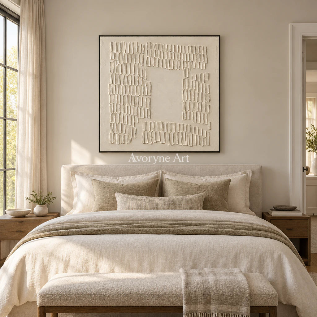 Inner Courtyard: Textured Beige Grid Relief Wall Art — bedroom black