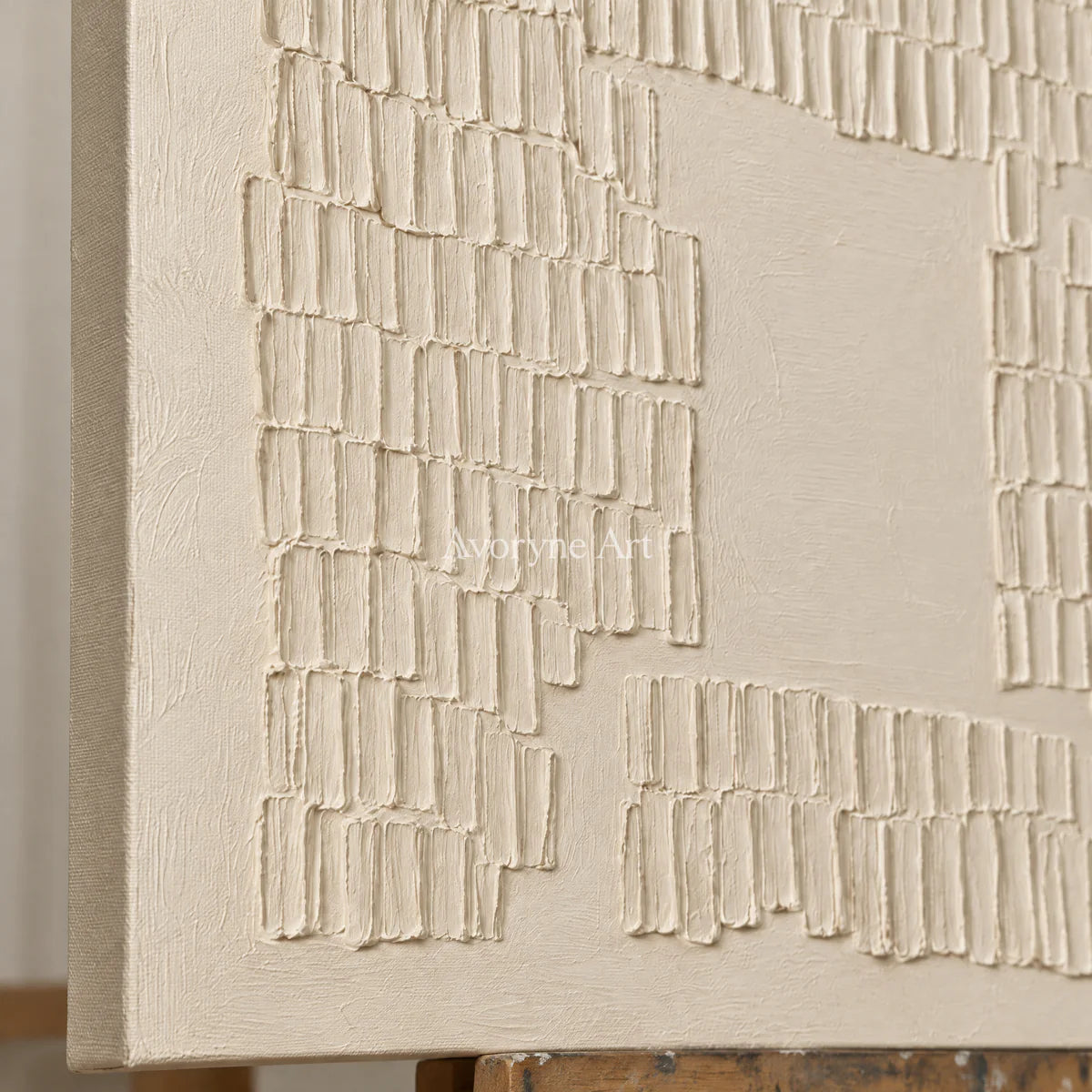 Inner Courtyard: Textured Beige Grid Relief Wall Art — detail easel