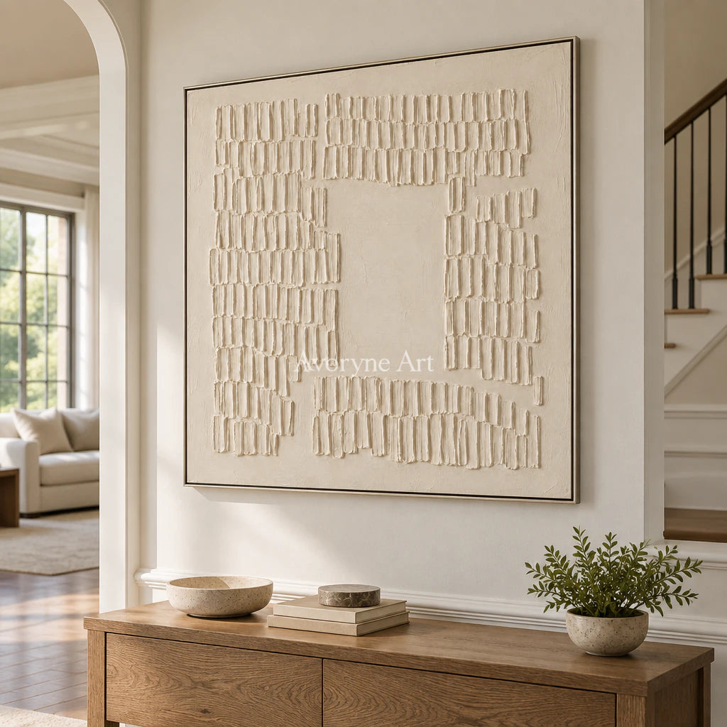 Inner Courtyard: Textured Beige Grid Relief Wall Art — entry silver
