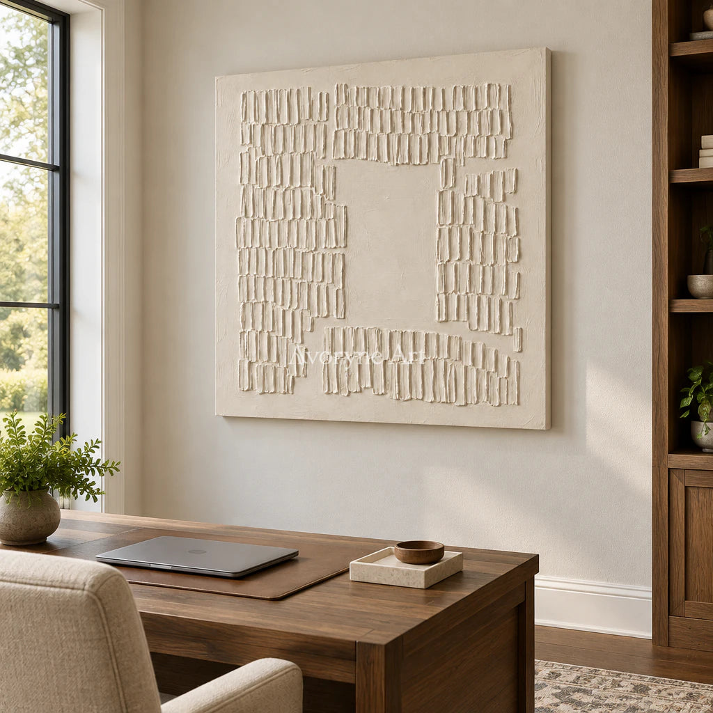 Inner Courtyard: Textured Beige Grid Relief Wall Art — office frameless