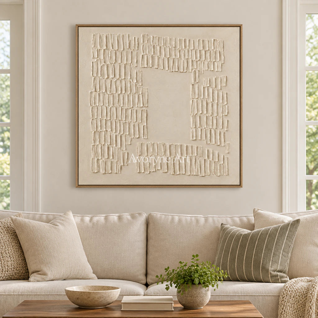 Inner Courtyard: Textured Beige Grid Relief Wall Art — villa wood