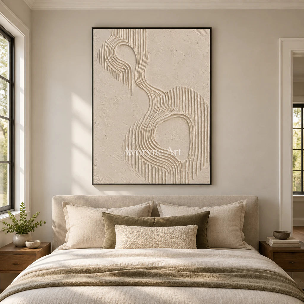 Contour Echo: Textured Beige Grooved Abstract Wall Art — bedroom black