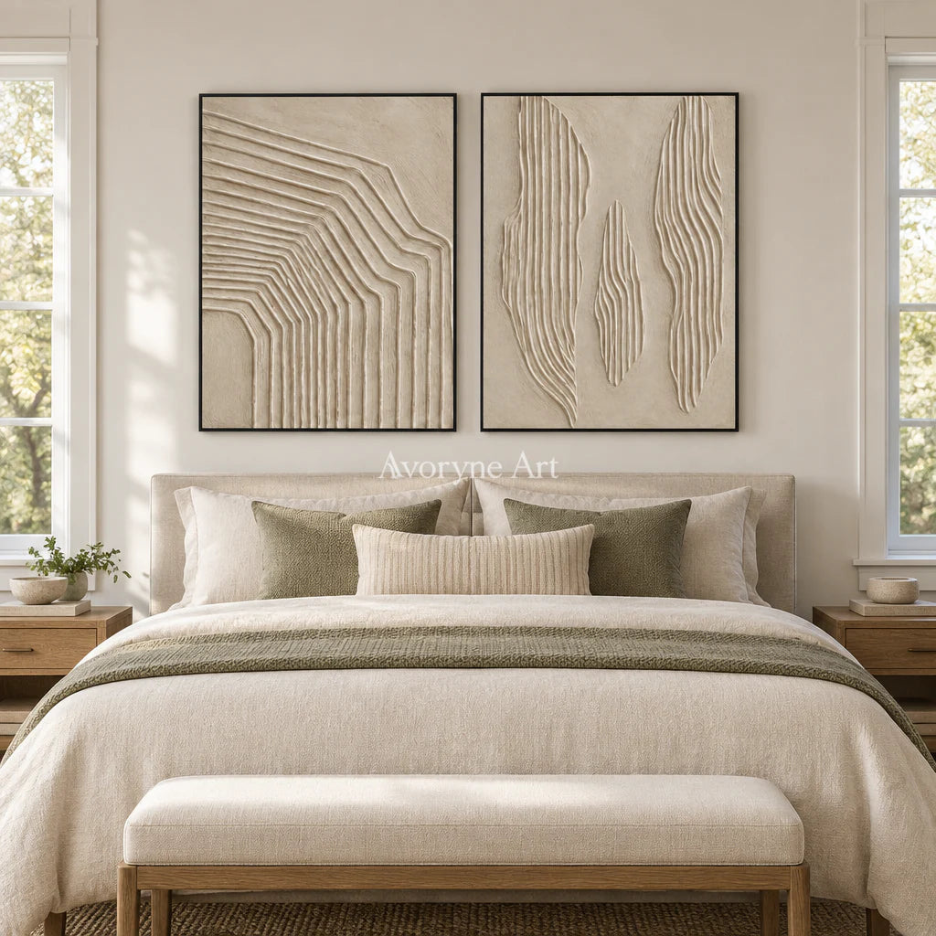 Contour Pairing: Textured Beige Relief Diptych Wall Art — bedroom black