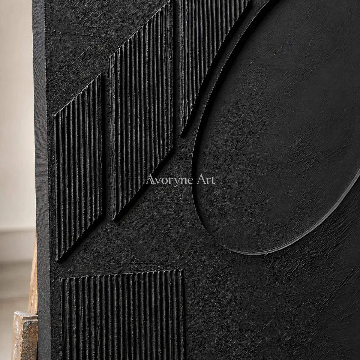 Shadow Recess: Textured Black Grooved Relief Wall Art — detail easel