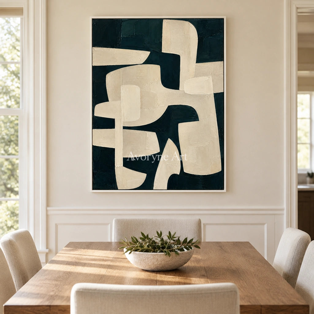 Night Interlock: Textured Black Ivory Geometric Art — dining white