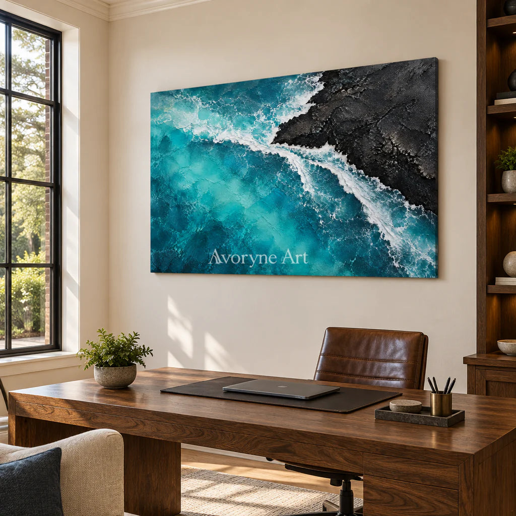 Volcanic Tide: Textured Blue Coastal Relief Wall Art — office frameless