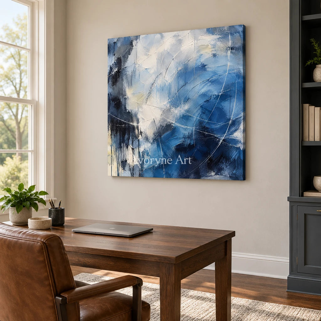 Cobalt Motion: Textured Blue Expressive Abstract Art — office frameless