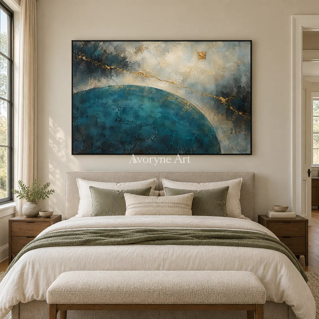 Teal Meridian: Textured Blue Gold Abstract Wall Art — bedroom black