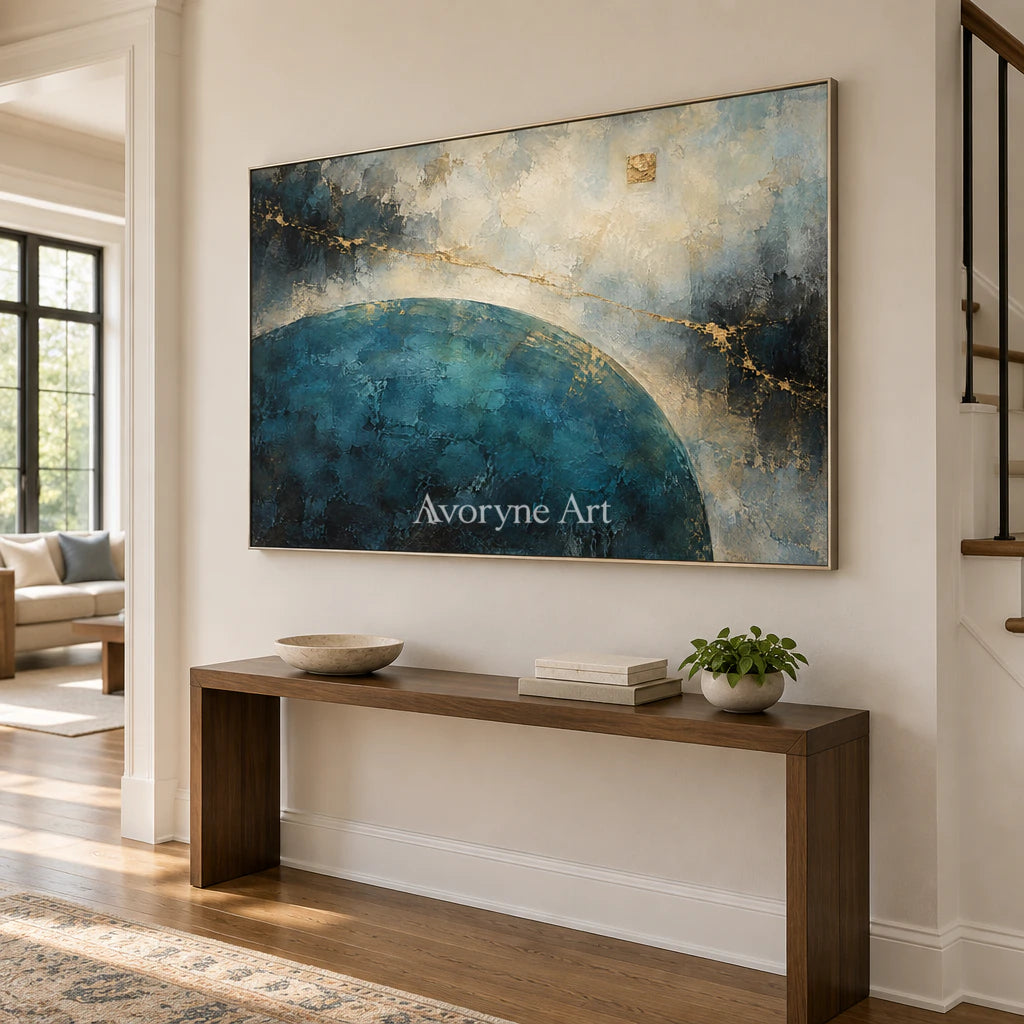 Teal Meridian: Textured Blue Gold Abstract Wall Art — entry silver