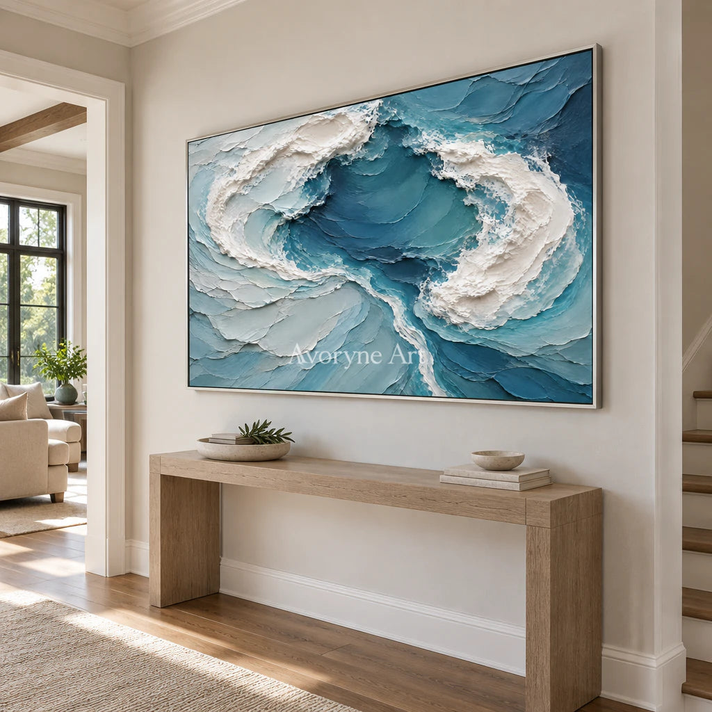Blue Confluence: Textured Blue Ocean Relief Wall Art — entry silver