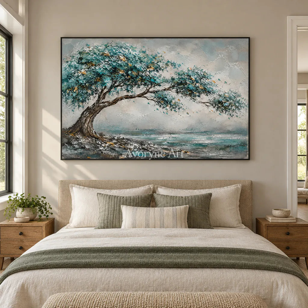 Windward Canopy: Textured Blue Tree Landscape Wall Art — bedroom black