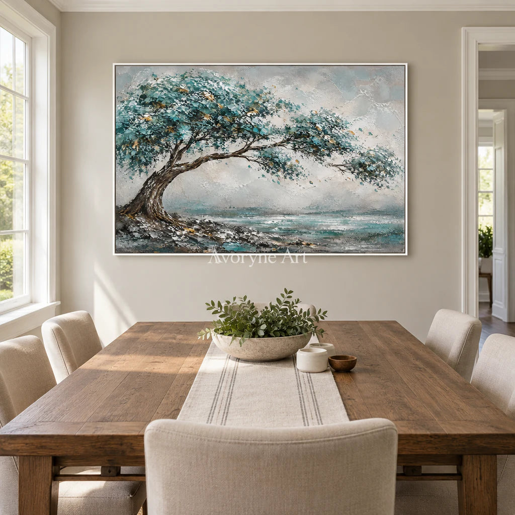 Windward Canopy: Textured Blue Tree Landscape Wall Art — dining white