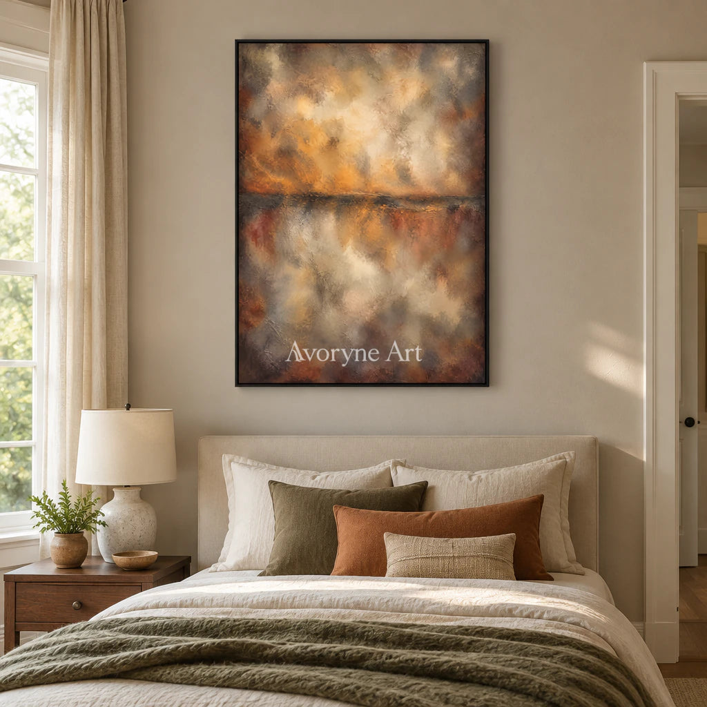 Ember Mist: Textured Brown Abstract Horizon Wall Art — bedroom black