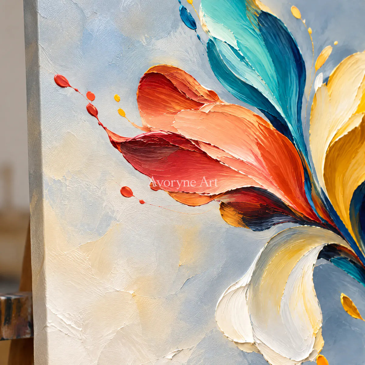 Petal Flight: Textured Colorful Floral Wall Art — detail easel