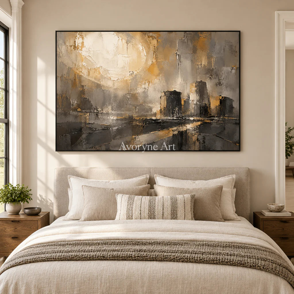 Gilded District: Textured Gold City Abstract Wall Art — bedroom black
