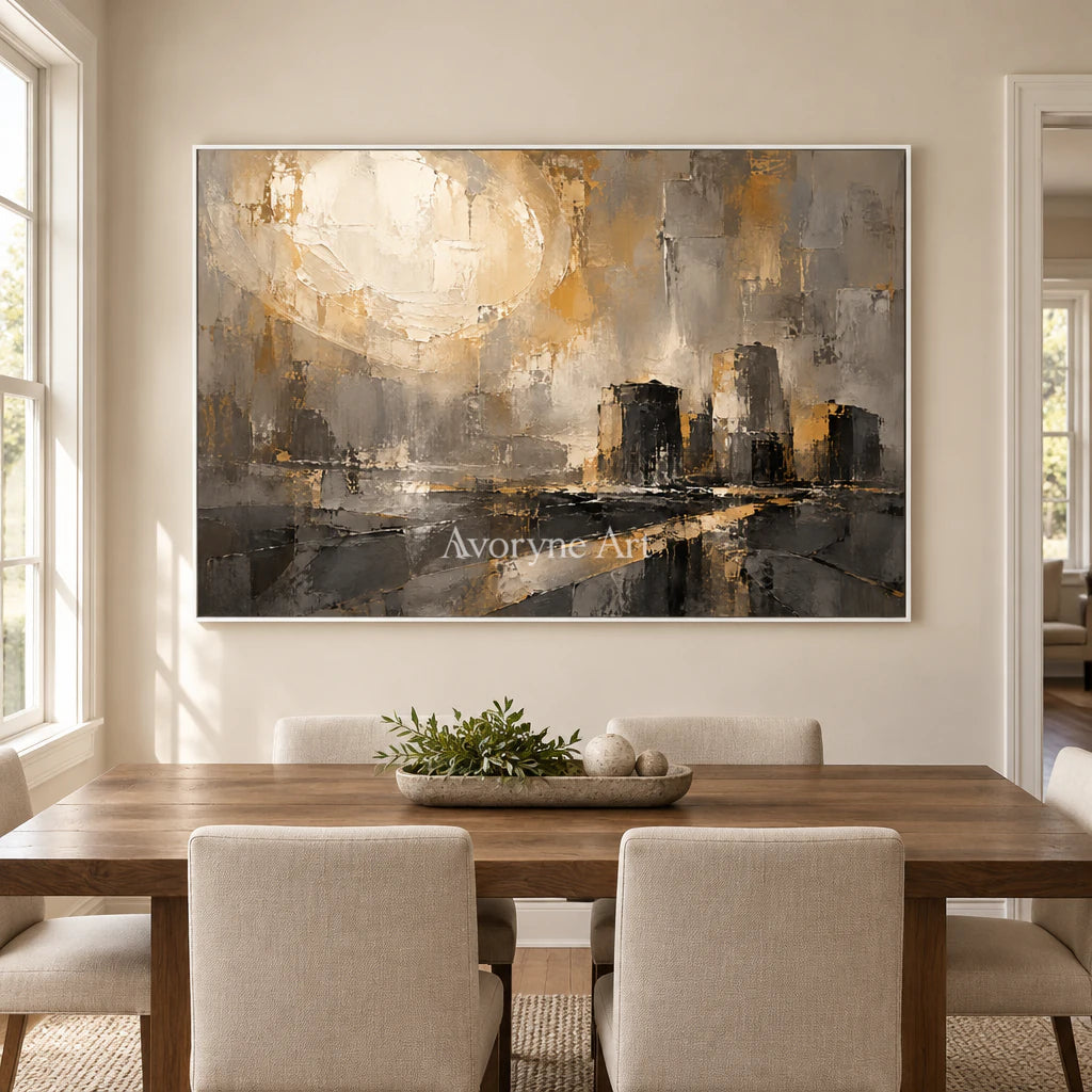 Gilded District: Textured Gold City Abstract Wall Art — dining white