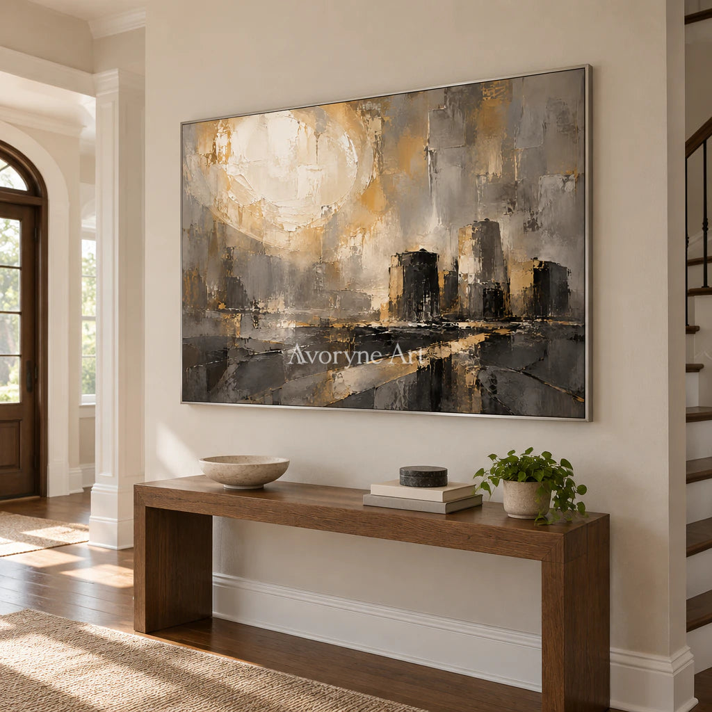 Gilded District: Textured Gold City Abstract Wall Art — entry silver