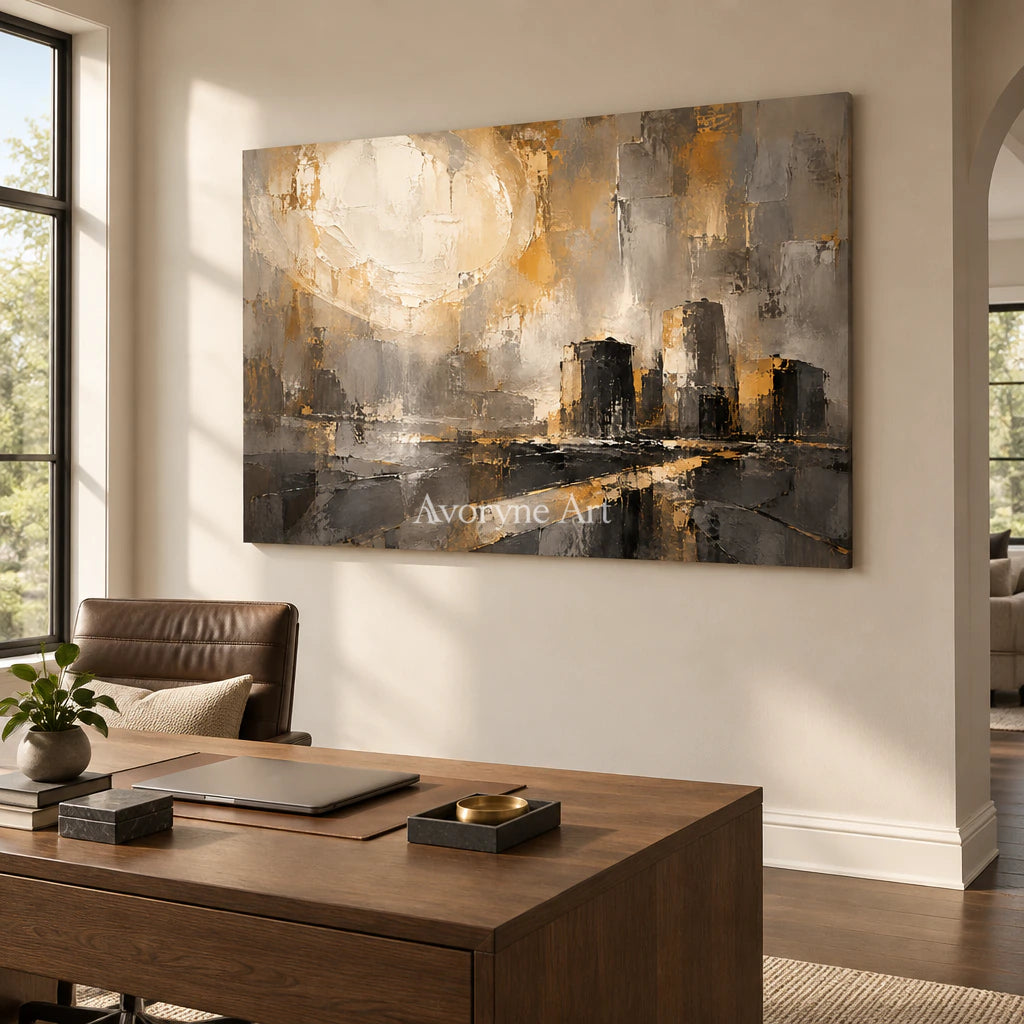 Gilded District: Textured Gold City Abstract Wall Art — office frameless