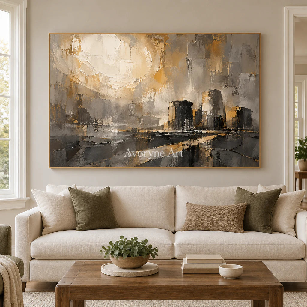 Gilded District: Textured Gold City Abstract Wall Art — villa wood