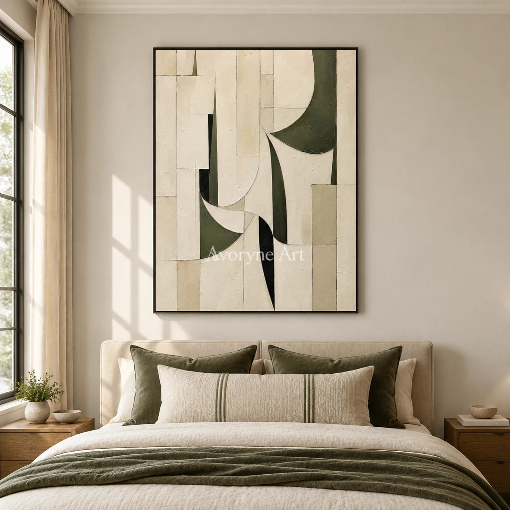 Ivory Turn: Textured Green Geometric Art — bedroom black