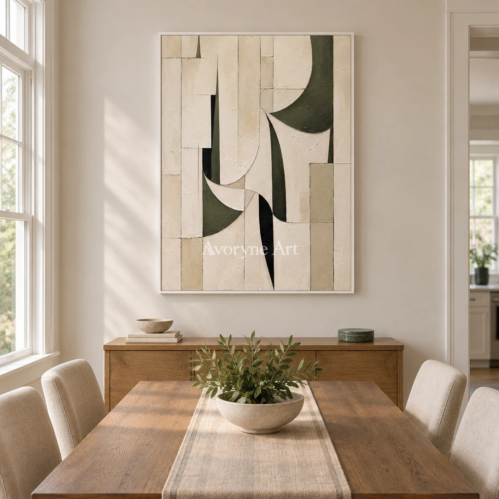 Ivory Turn: Textured Green Geometric Art — dining white
