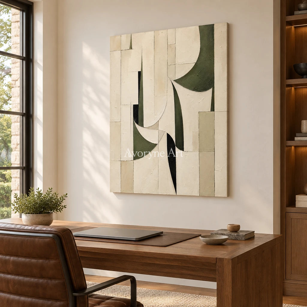 Ivory Turn: Textured Green Geometric Art — office frameless