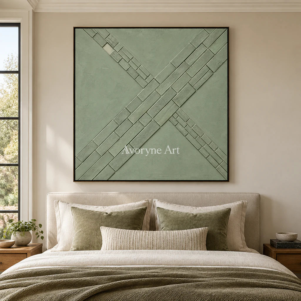 Sage Crossings: Textured Green Grid Relief Wall Art — bedroom black