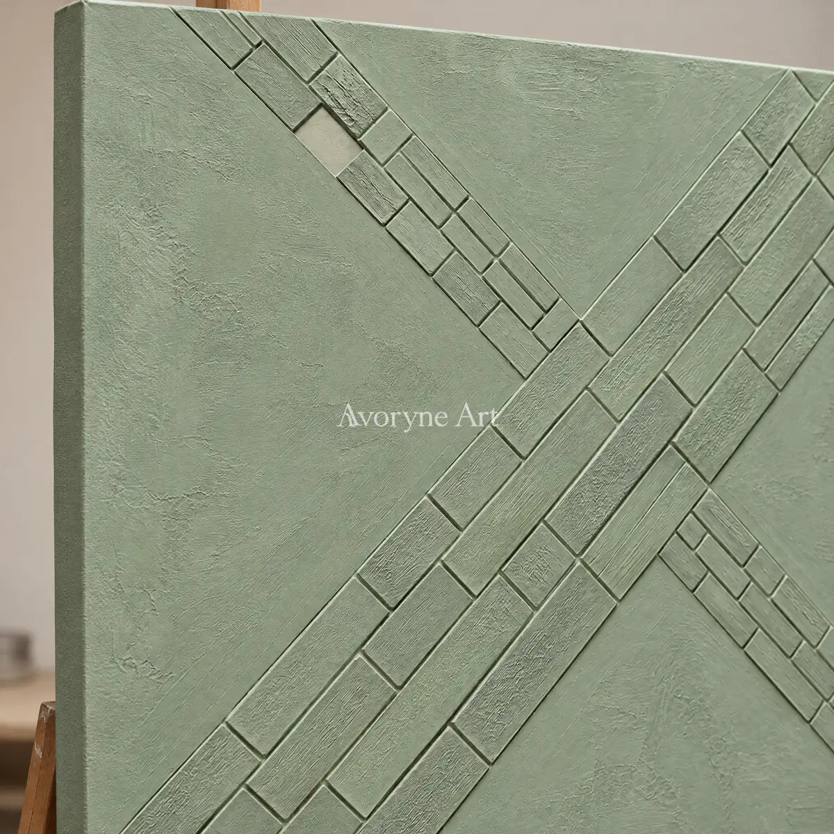 Sage Crossings: Textured Green Grid Relief Wall Art — detail easel