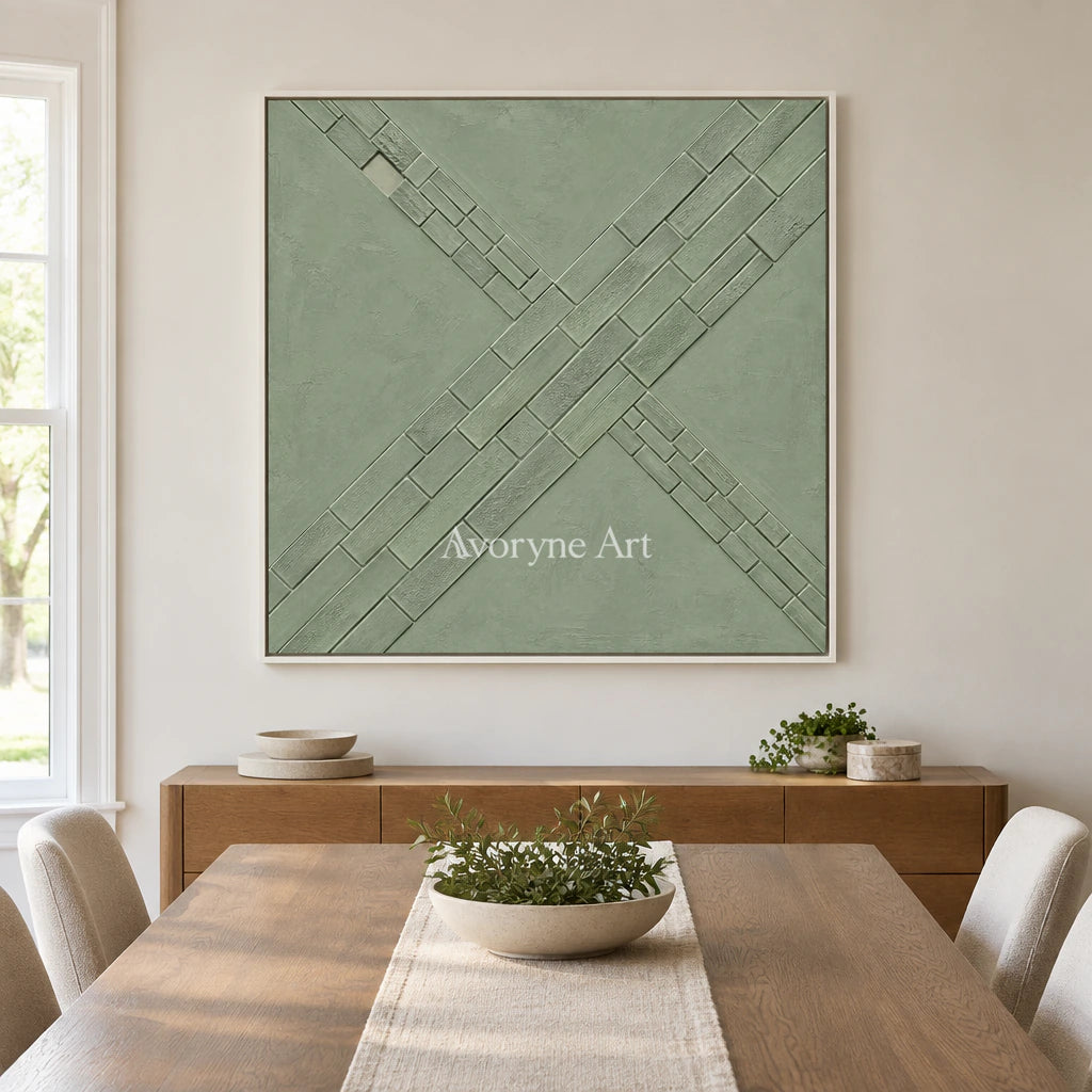 Sage Crossings: Textured Green Grid Relief Wall Art — dining white