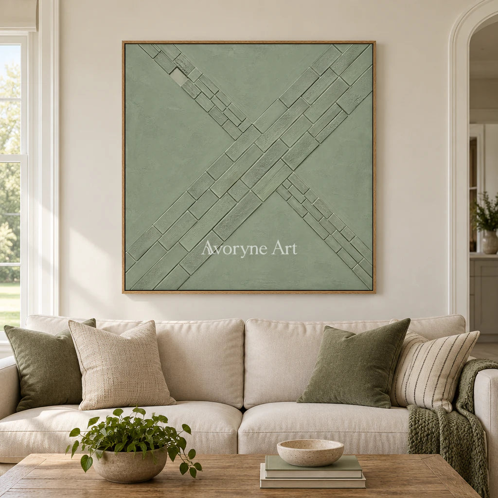 Sage Crossings: Textured Green Grid Relief Wall Art — villa wood