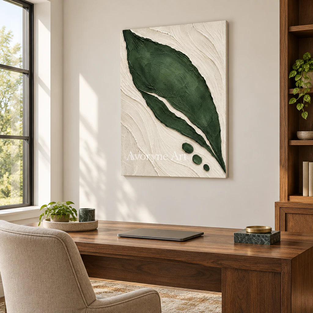 Verdant Form: Textured Green Leaf Abstract Wall Art — office frameless