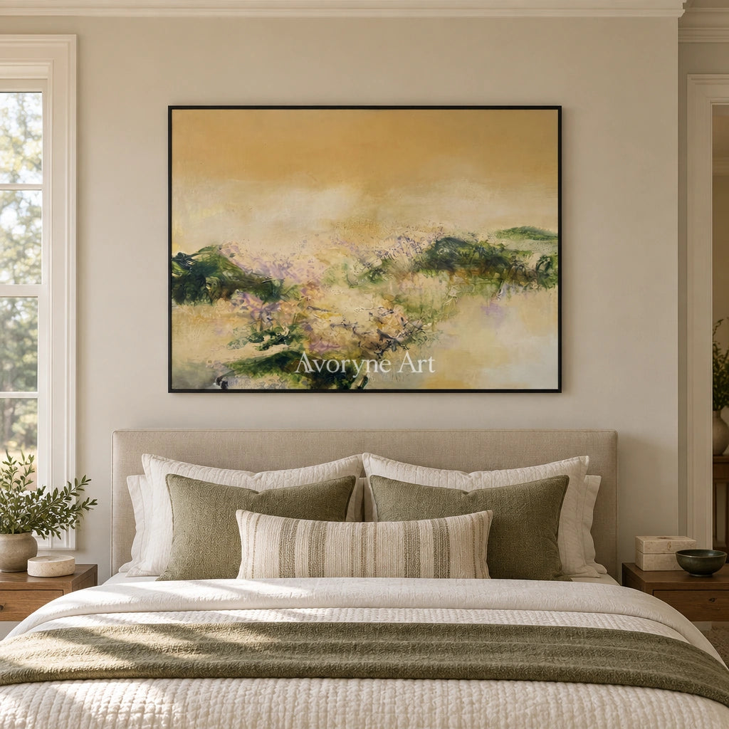Pale Passage textured landscape wall art with a black frame above a bed in a bedroom