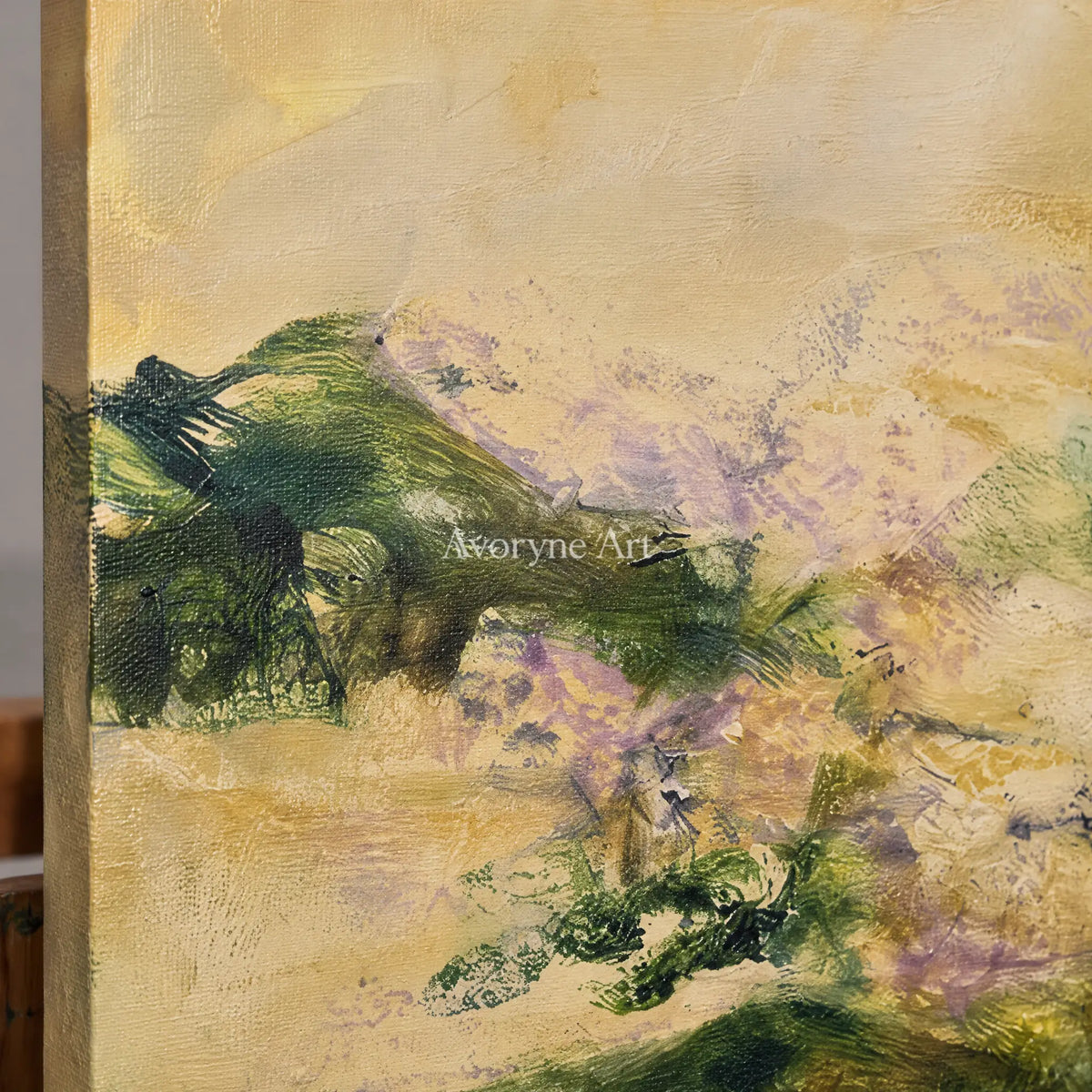 Close-up of the hand-painted texture of Pale Passage textured landscape wall art on an easel