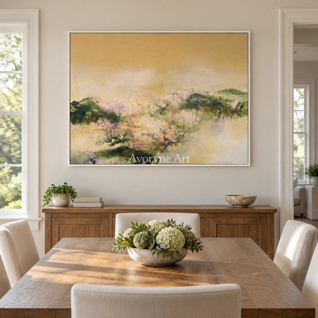 Pale Passage textured landscape wall art with a white frame in a dining room