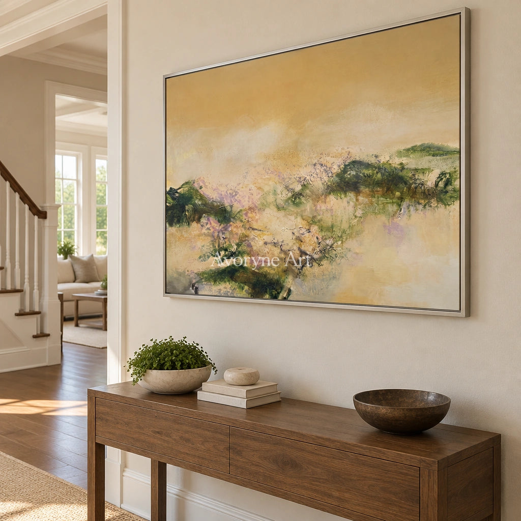 Pale Passage textured landscape wall art with a silver frame in an entryway