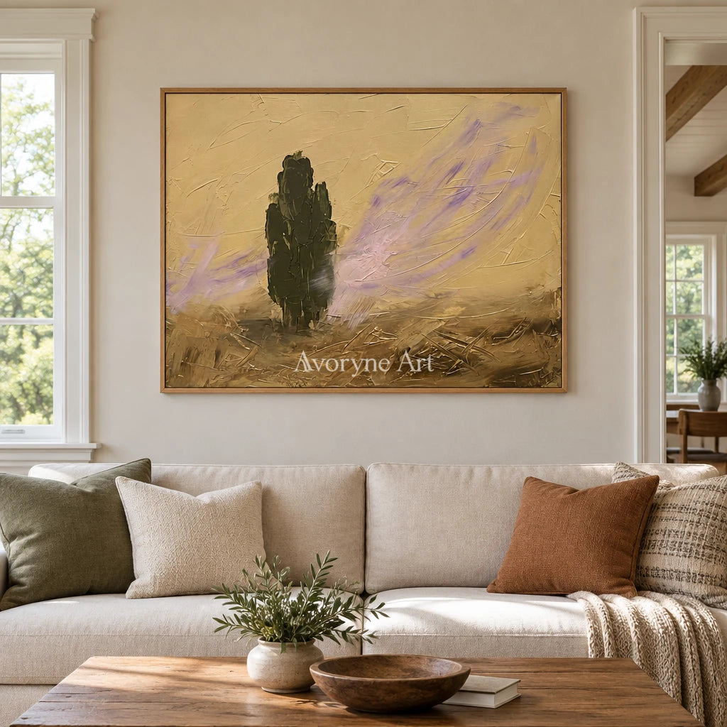 Pale Interval textured landscape wall art with a wood frame in a villa living space