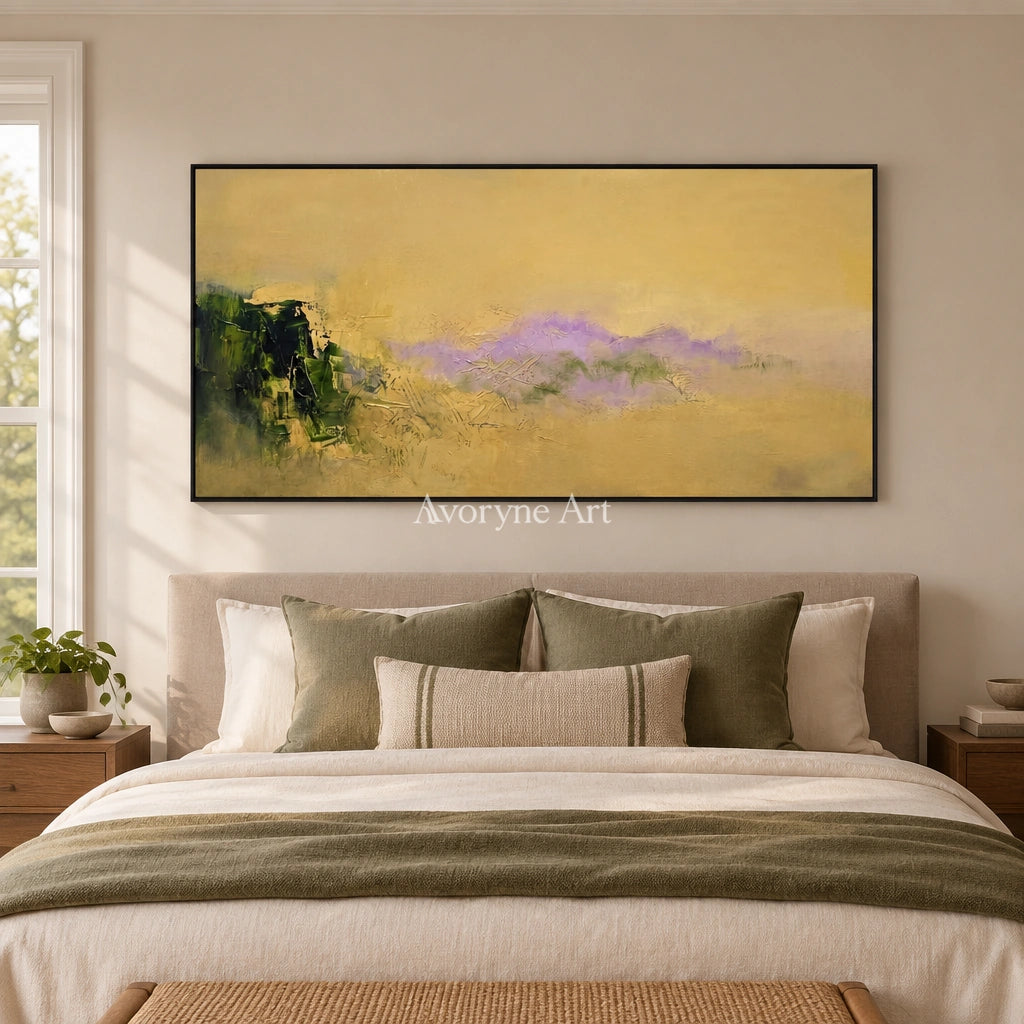 Pale Gesture textured landscape wall art with a black frame above a bed in a bedroom